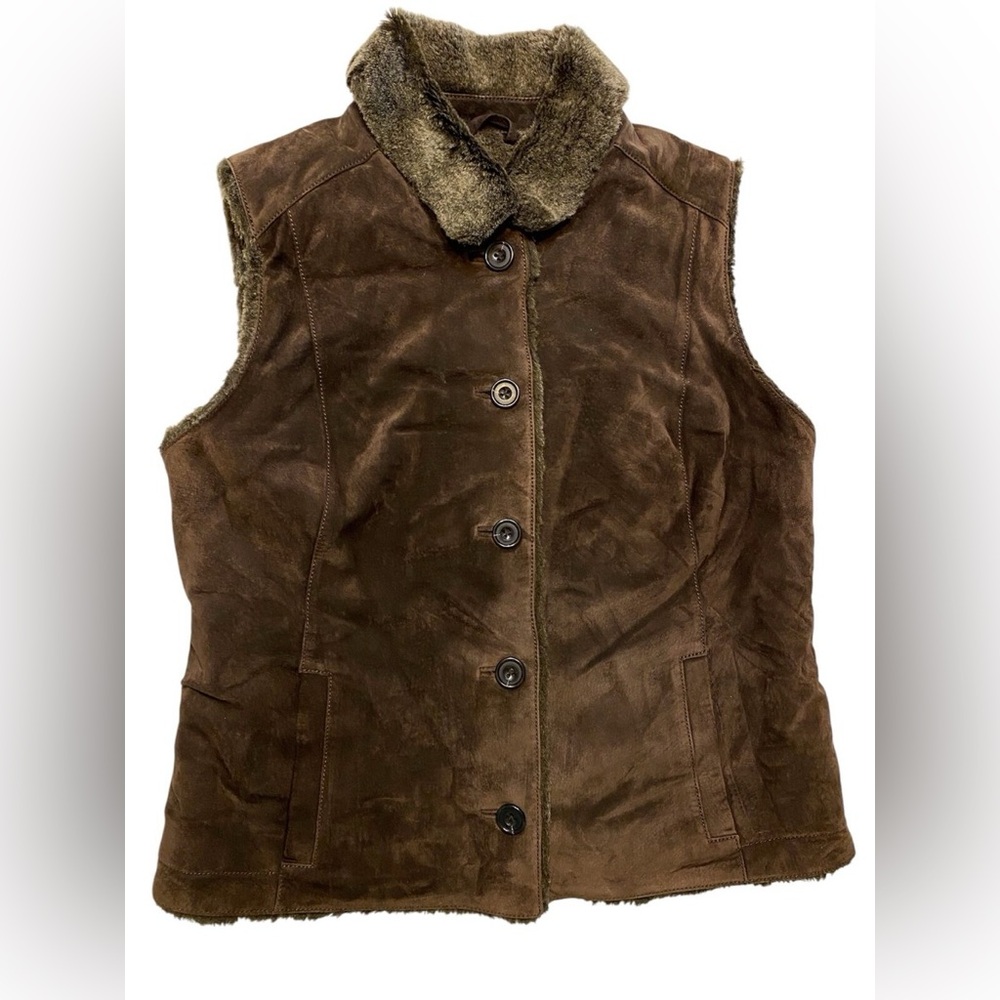 Eddie Bauer Suede Leather Vest Brown Faux Fur Lined